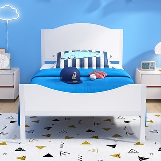 Yoneston Twin Bed Frame Kids Metal Platform with Wood Headboard for Teen, White