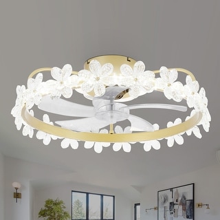 20" Golden Crystal Flowers Ceiling Fan with LED Kit 3 Color Tone 6 Fan Speed App Control and Remote Control Bedroom Ceiling Fan