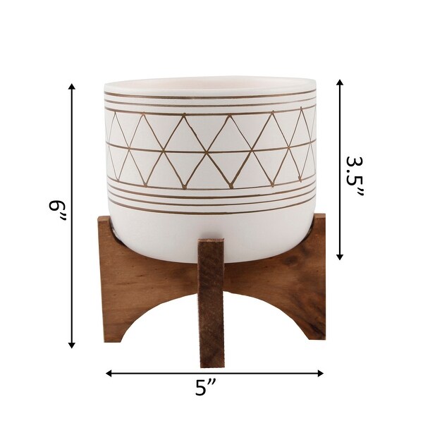 5-in. White/Goldtone Geometric Ceramic/Wood Planter