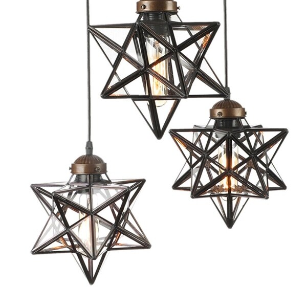 3-Light Industrial Brown Star Pendant Light with Clear Glass Shade - 12in