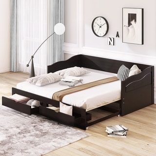 77" Wooden Daybed with Trundle Bed, Extendable Bed Daybed, Sofa Bed with 2 Storage Drawers, Sloped Arm Sofa, Sleeper Sofa