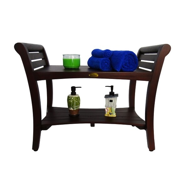 DecoTeak Symmetry 30" Contemporary Solid Teak Shower Bench With Shelf And LiftAide Arms in WoodLand Brown Finish
