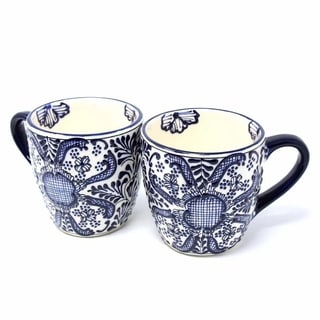 Handmade Pottery Set of 2 Mugs, Blue Flower