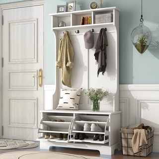 All in a Hall Tree with 3 Top Shelves & 2 Flip Shoe Storage Drawers, Wooden Coat Racks with Storage Bench & Metal Hanging Hooks