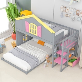 Castle Style Twin over Full Bunk Bed with Pink Staircase & Drawers, Solid Wood Slats Support, Adorable Style for Kids' Bedroom