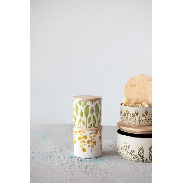 Hand-Stamped Stoneware Jar with Bamboo Lid and Floral Print, Set of 2 Colors