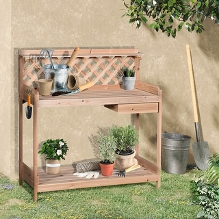 Outsunny Outdoor Garden Potting Bench, Wooden Workstation Table w/ Drawer, Hooks, Open Shelf, Lower Storage and Lattice Back