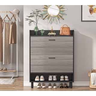 Shoe Storage Storage, Freestanding Shoe Cabinet with 2 Drawers and Open Shelves for Entryway - 2-Tier