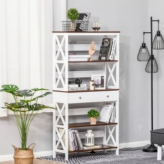 HOMCOM 4-Tier Shelving Bookcase Storage Cupboard with Pull Out Drawer, and Wooden Frame with X Bar Stability, White