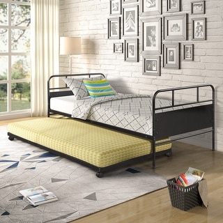 Metal Daybed Platform Bed Frame with Trundle: Built-in Casters, Space Saving, Metal Construction
