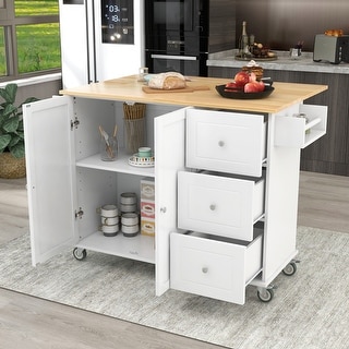 Kitchen Island with Solid Wood Top and Locking Wheels 52.7" Multifunction Storage Kitchen Cart for Dinning Room,White