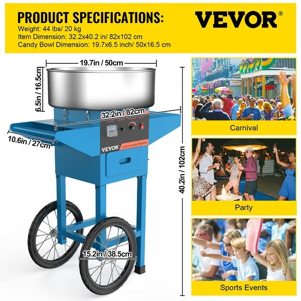 VEVOR Cotton Candy Machine with Cart Commercial Floss Maker for Family and Various Party
