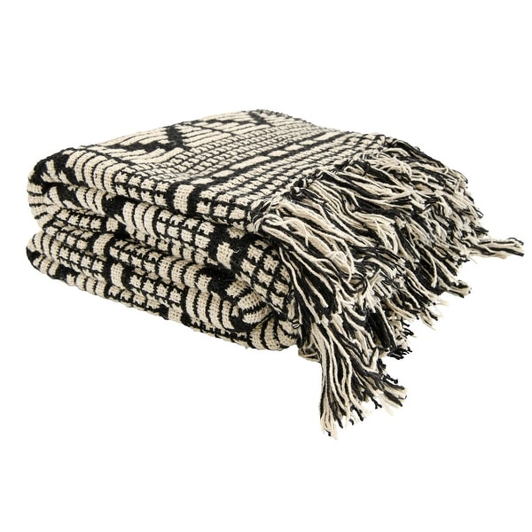 Black & Beige Woven Cotton Blend Throw Blanket with Fringe
