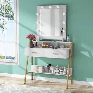Vanity Table with Lighted Mirror, Makeup Desk with 2 Drawers and Shelf