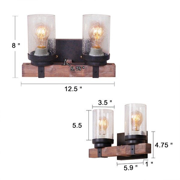 Anmytek Farmhouse Wall Sconce Light Fixtures Wood Metal 2-Light Bathroom Vanity Lights Over Mirror with Bubble Glass Shade