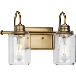 Aiken Collection Two-Light Vintage Style Brass Clear Glass Farmhouse Style Bath Vanity Wall Light - 14.625 in x 7 in x 9.875 in