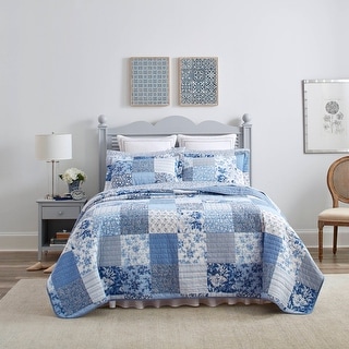 Laura Ashley Paisley Patchwork Cotton Reversible Blue Quilt Set