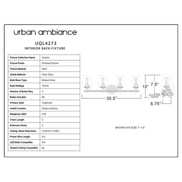 Luxury Traditional Bath Fixture, 10"H x 30.5"W, with Classic Style, Polished Chrome, by Urban Ambiance