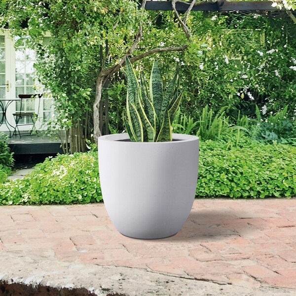 Plantara 13" D Round Solid White Concrete Modern planter, Outdoor Flower pot, Plant pot with Drainage Hole, plug for Garden