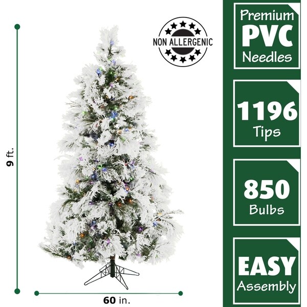 Fraser Hill Farm 9-foot Flocked Snowy Pine Christmas Tree with Multicolor LED String Lighting