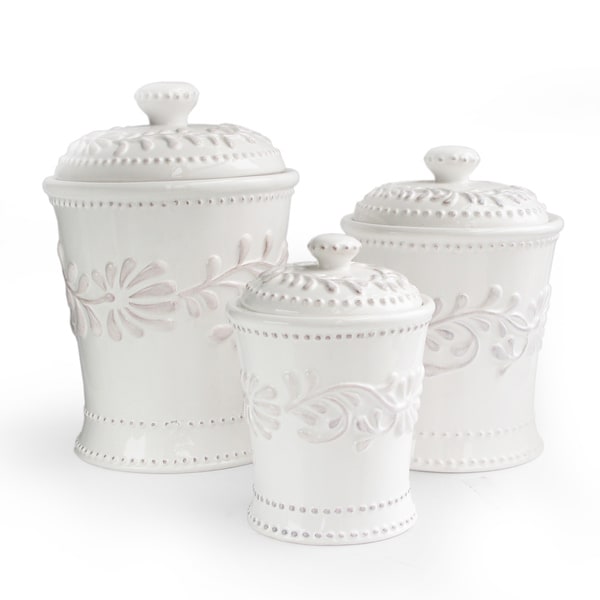 American Atelier Bianca Leaf White 3-piece Ceramic Canister Set