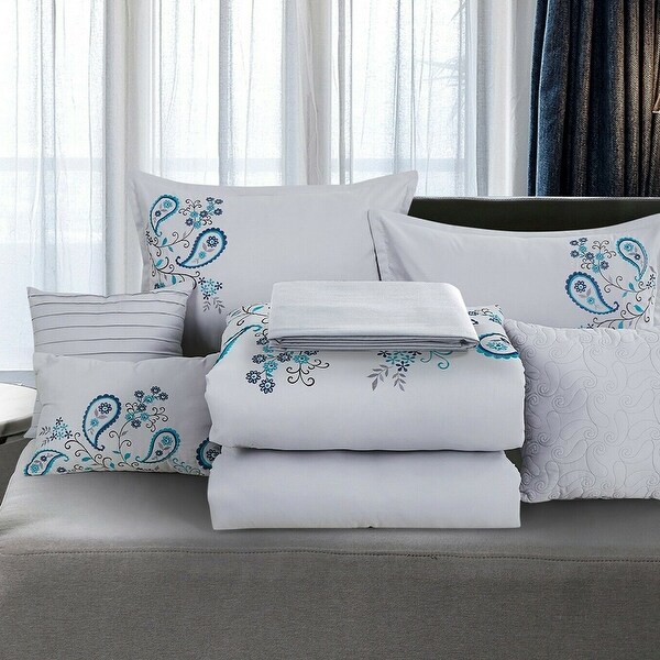 7 Piece Comforter Set Embroidered Design Microfiber Queen White Pesley