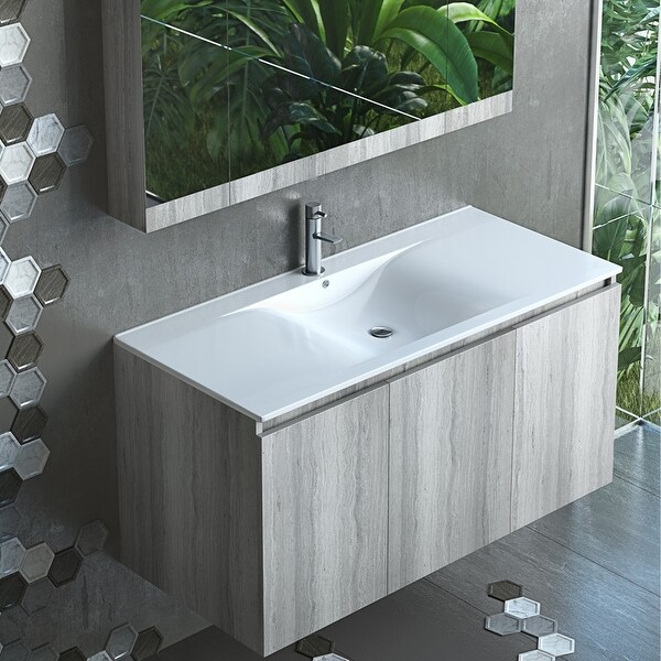 Wall Mount Floating Vanity, Grey Oak with White Porcelain Top