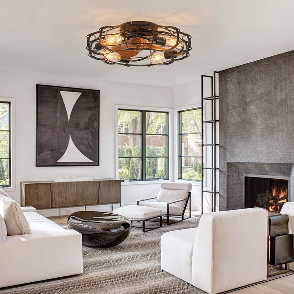 20 in. Flush Mount Ceiling Fan Light with Remote Cage Farmhouse Fandelier Black Wood Low Profile Ceiling Fan