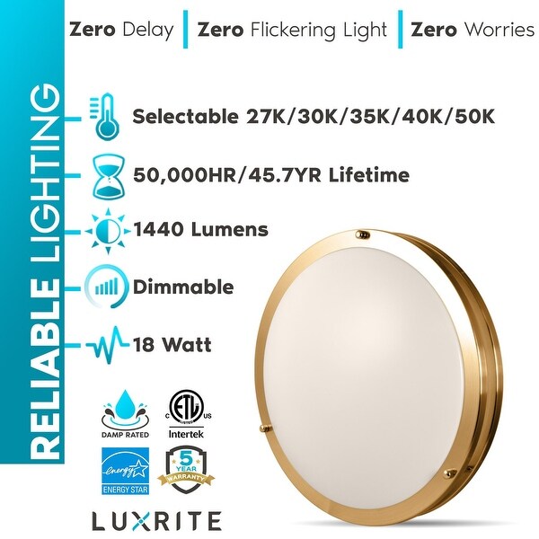 Luxrite 14 Inch LED Flush Mount Ceiling Light 5 Color Selectable Dimmable 18W 1440 Lumens ETL Listed Brushed Brass