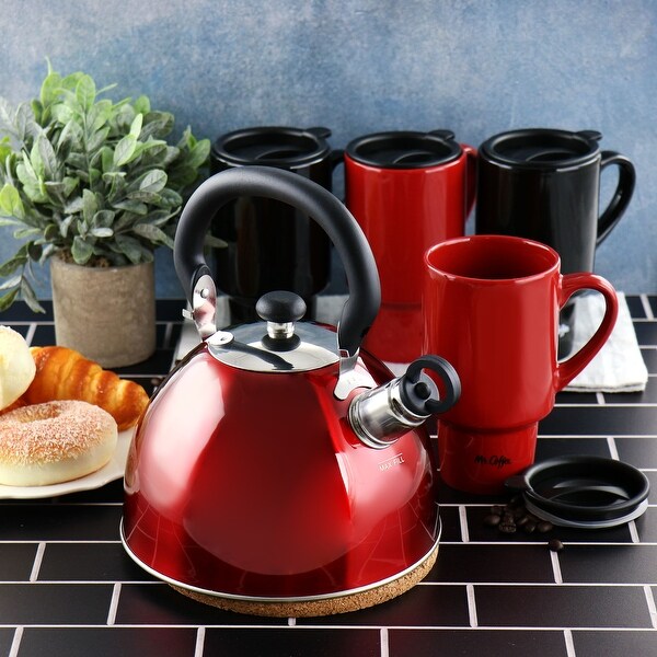 Mr. Coffee 9 Pc Whistling Tea Kettle and Travel Mug Set Red and Black