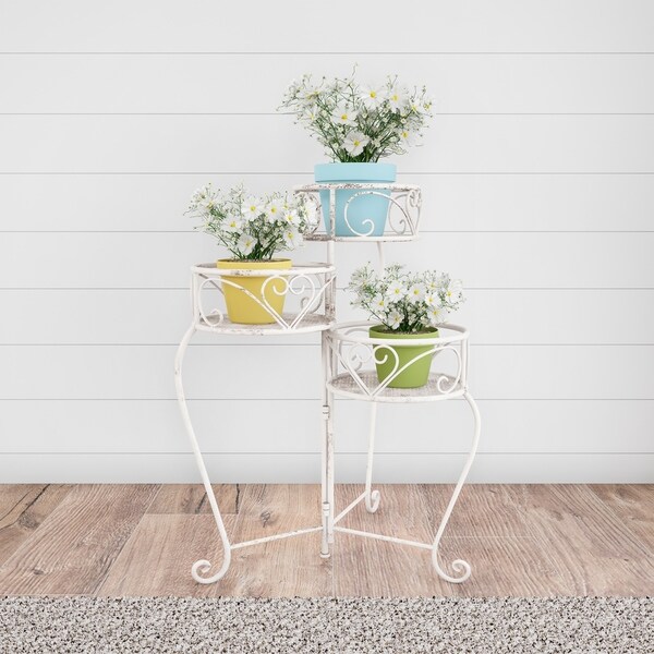 Plant Stand- 3-Tier Folding Wrought Iron Inspired Metal Home and Garden Display with Laser Cut Shelves by Pure Garden