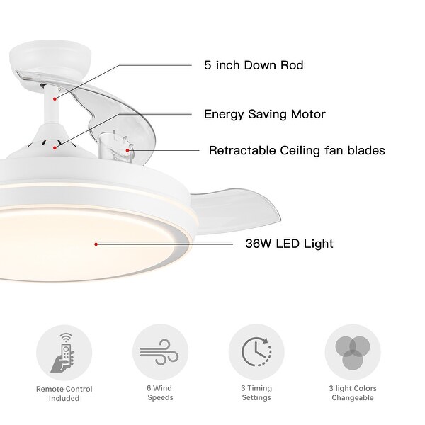 Modern 42 in. Indoor Matte White Retractable Blades Ceiling Fan with Light Kit and Remote Control - 42 Inches