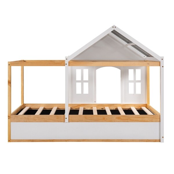 Twin Size Canopy Bed with Blackboard and Little Shelf, Playhouse Design Pine Wood Bedframe with Roof and Window