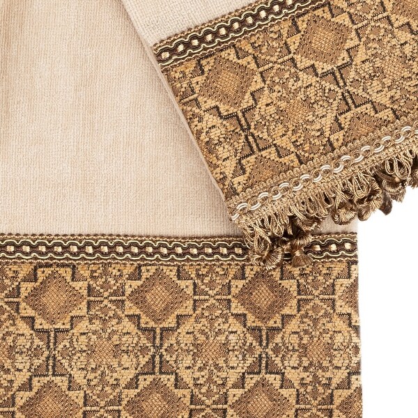 Sherry Kline Taj Mahal Brown 3-piece Decorative Towel Set, Jacquard Fabric Band, onion fringe trim, 1 Bath, Hand & tip Towel