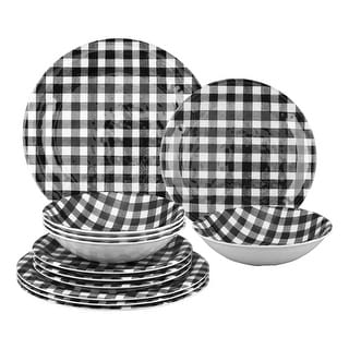 UPware 12-Piece Gingham Melamine Dinnerware Set, Black