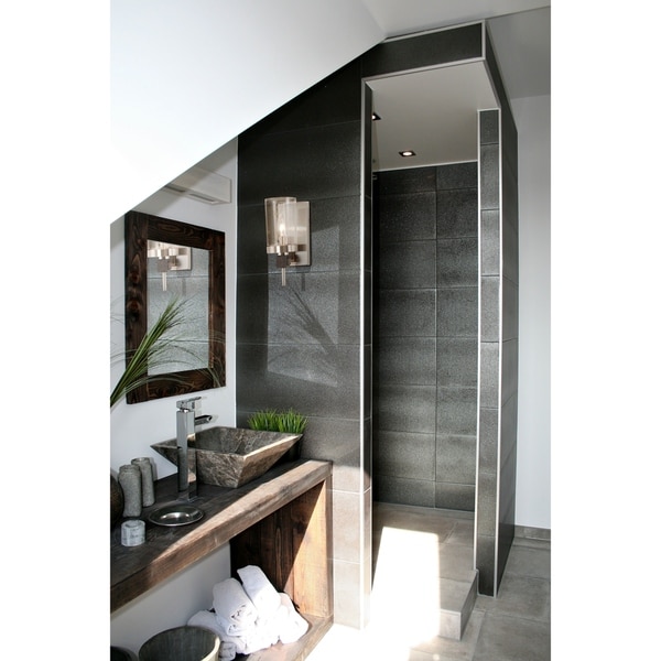 Bridlewood 1-light vanity bath fixture with a stone gray and brushed nickel finish and clear seeded glass by Minka-Lavey