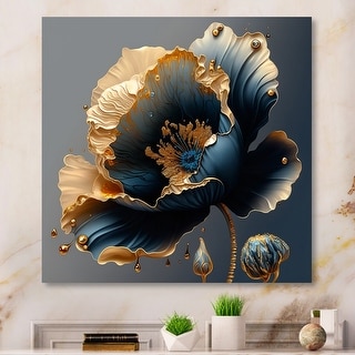 Designart 'Deep Blue And Gold Single Flower IV' Floral & Botanical Canvas Wall Art