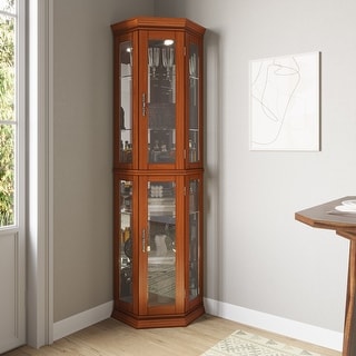 BELLEZE Lighted Curio Cabinet w/ Glass Doors and Shelves, Corona(Oak) - Oak