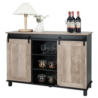 Kitchen Buffet Storage Cabinet with Sliding Barn Doors - Oak, Black - 48" x 16" x 33" (L x W x H) - 48" x 16" x 33" (L x W x H)