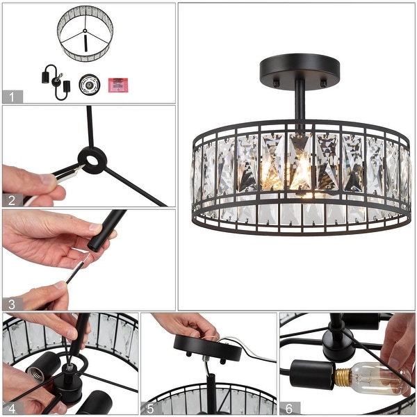 Cirstal Modern Black 2-Light Drum Chandelier Crystal Semi Flush Mount Ceiling Lights - D12.5"x H 9.5"