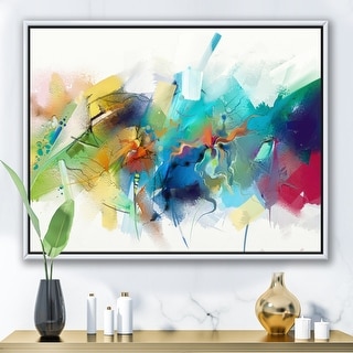 Designart "Turquoise Story With Touches Of Yellow And Red" Modern Framed Canvas Wall Art Print