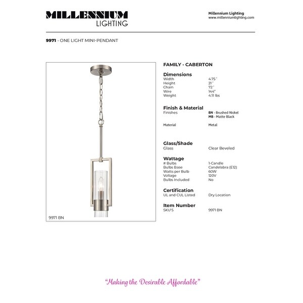 Millennium Lighting Caberton 1 Light Pendant in Brushed Nickel with Clear Beveled Glass Shades