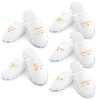 5 Pairs Wedding Spa Slippers for Bride to Be, Bridesmaid, Bridal Shower, Party Gifts, White & Gold