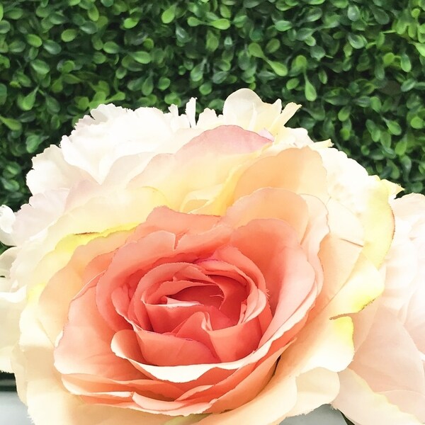 Enova Home Artificial Mixed Fake Silk Open Rose and Peony Flowers Arrangement in Clear Glass Vase with Faux Water