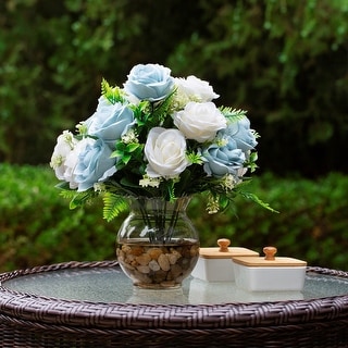 18 Heads Silk Rose Flower in Clear Glass Vase With Faux Water and River Stone for Home Decor, Wedding Table