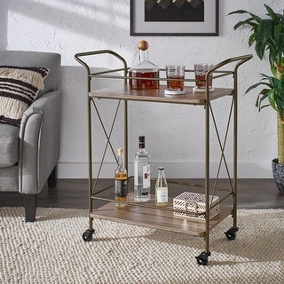 Duran Bronze Finish Metal X-Frame Bar Cart with Walnut Wood Shelf by iNSPIRE Q Modern