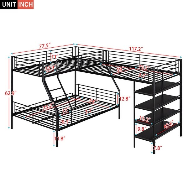L-shaped Metal Twin over Full Bunk Bed and Twin Size Loft Bed with Four Built-in Shelves & Full-length Guardrail, 3 Beds in 1