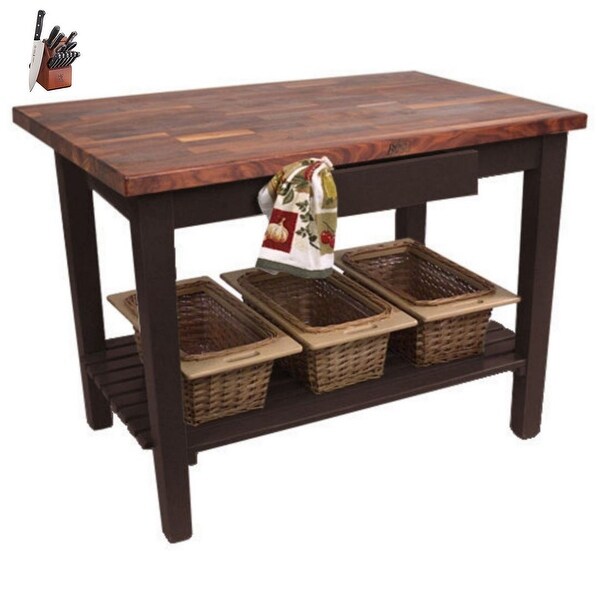 John Boos Walnut 48x30 Table W/ Shelf & Casters and Henckels Knife Set