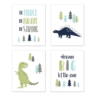 Sweet Jojo Designs Blue and Green Dream Big Dino Mod Dinosaur Collection Wall Decor Art Prints (Set of 4)