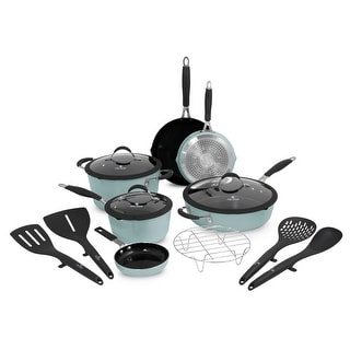 Paula Deen DFCW12SG 14 Piece Hammered Aluminum Forged Cookware Set, Sea Glass